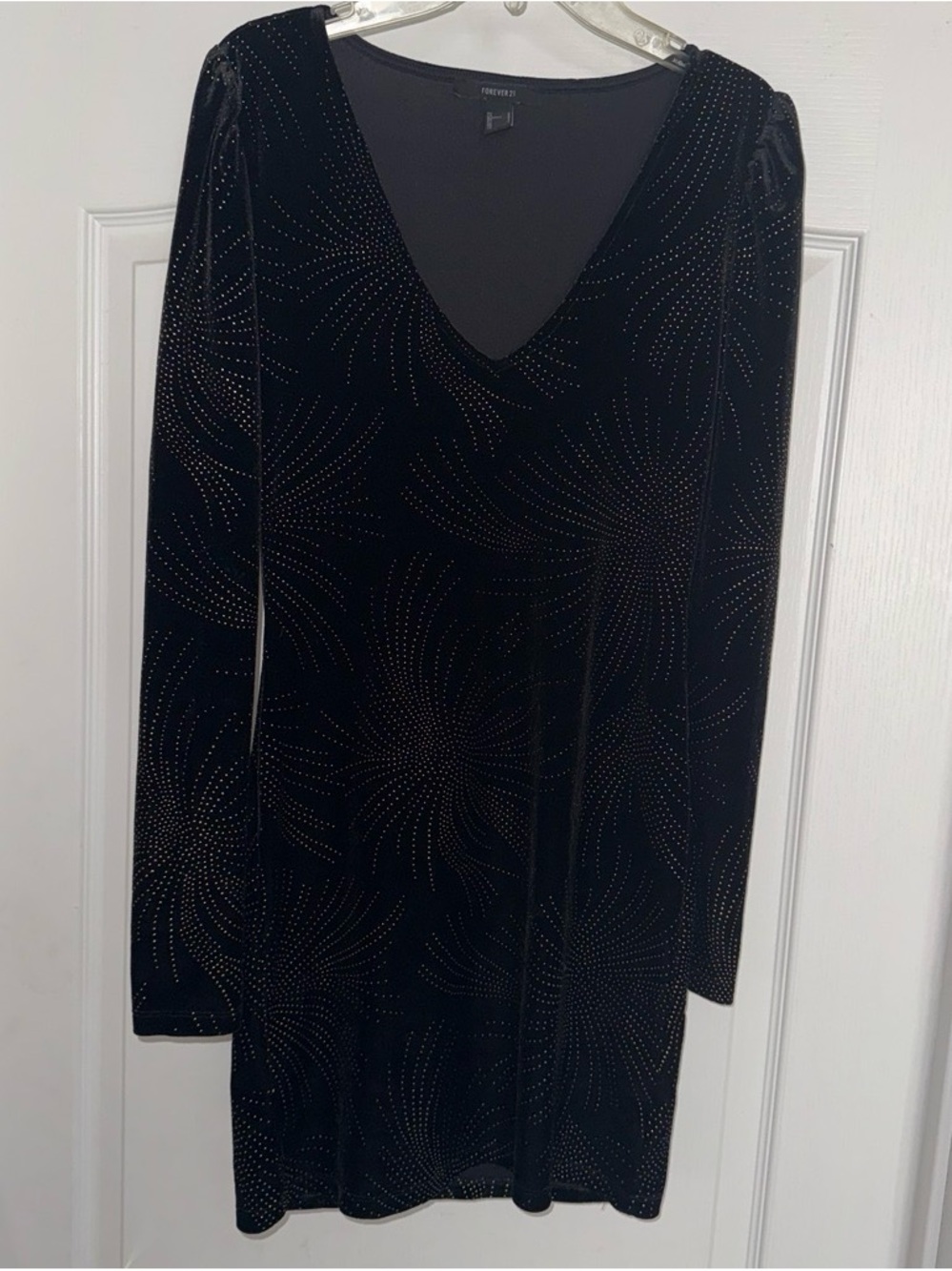 Forever 21 Black Velvet Long Sleeve V-Neck Dress with Metallic Dot Burst